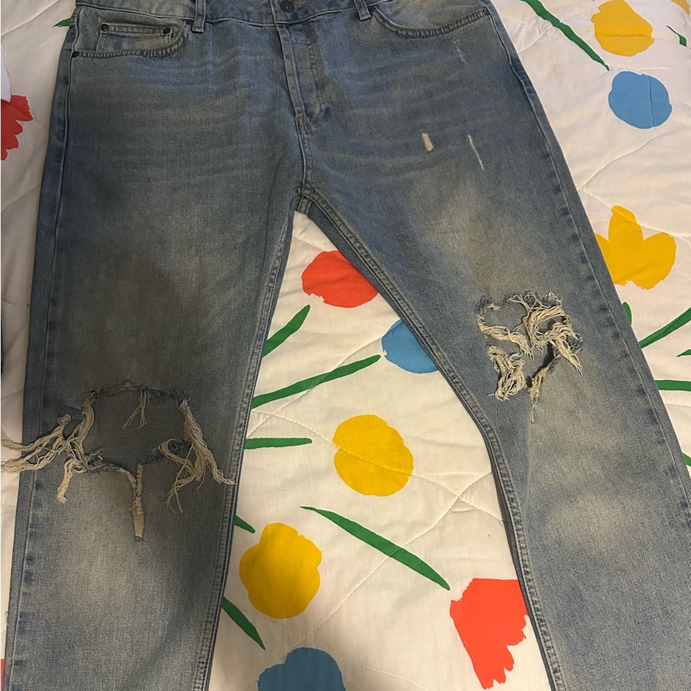 Topman Blue Relaxed Distressed Jeans